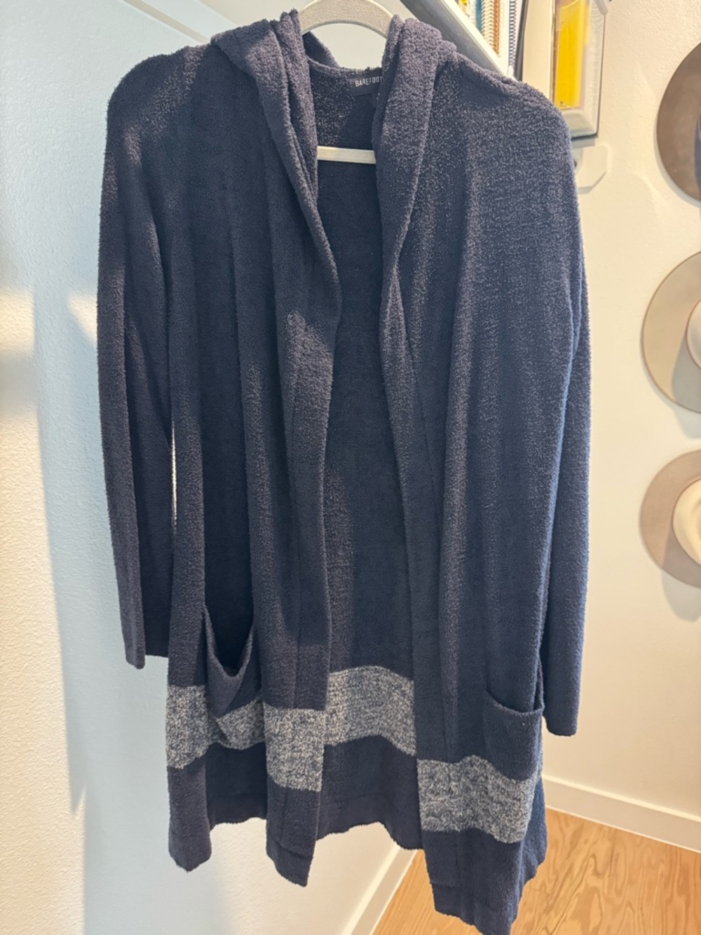 Barefoot Dreams Navy Hooded Open-Front Cardigan with Gray Band